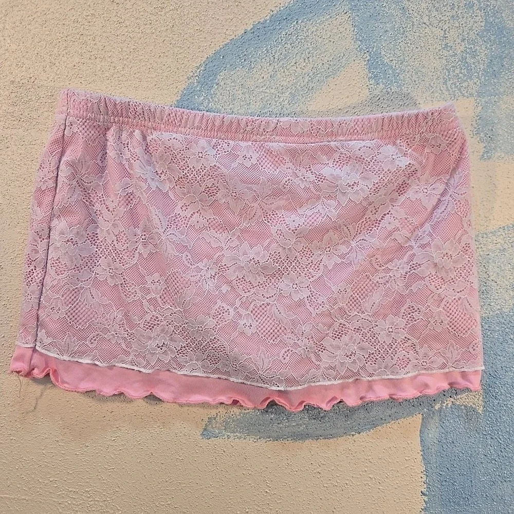 VTG Womens S Pink Lace Overlay Ruffle Trim Mini Skirt Babydoll Coquette Rave Y2K